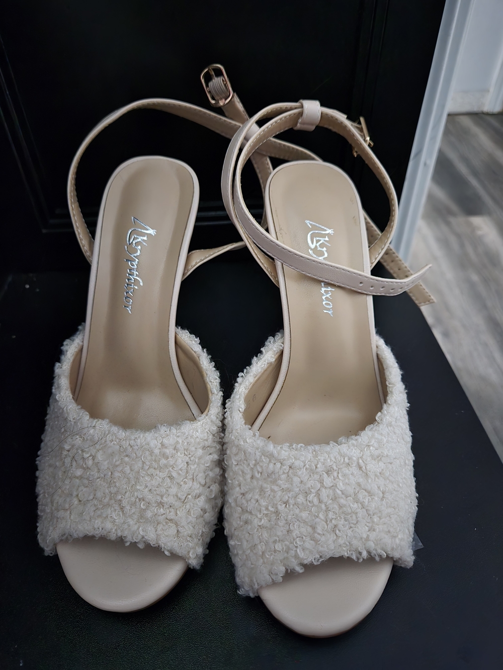 Women's Cream Bouclé Open-Toe Ankle Strap Sandals